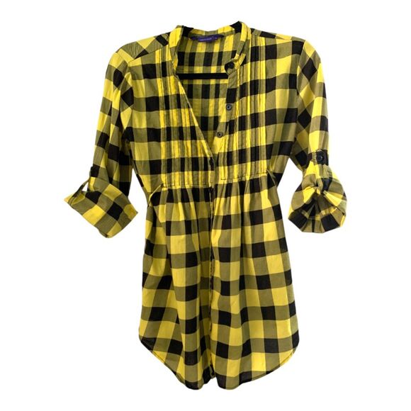 MILEY CYRUS max yellow & black checkered plaid button down cute top size XL - Picture 1 of 6